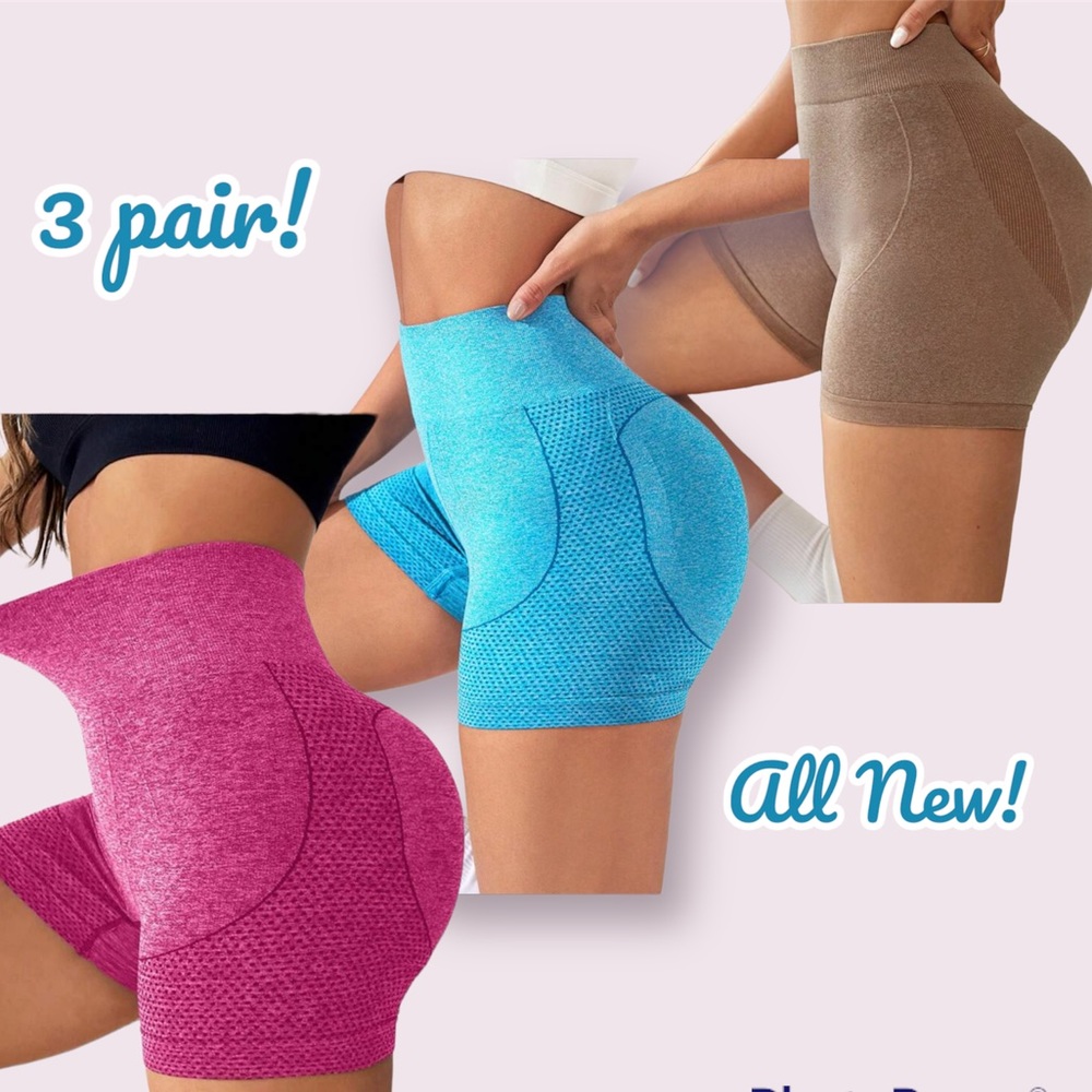 3x NEW High Waist Stretchy Seamless Workout Shorts Barbie pink Bright Blue Sand